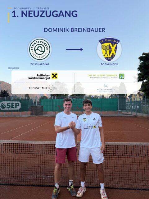 Willkommen in Gmunden, Domi!🔥
Der TC Gmunden freut sich über seinen ersten Neuzugang: Der 18-jährige Dominik Breinbauer wechselt vom amtierenden Landesmeister der Oberösterreich Liga, dem TV Schärding, an den Traunsee.
Der Brunnenthaler zählt zu den größten Talenten der Region und überzeugt mit einer ITN von 2,1, einer LK von 1,5 und Rang 43 der deutschen U18-Rangliste.
Neben seinem sportlichen Potenzial überzeugt Domi vor allem mit seinem starken Charakter, seiner Leidenschaft und seinem großen Hunger nach Weiterentwicklung.
Wir freuen uns sehr, ein solches Talent künftig im Trikot des TC Gmunden begrüßen zu dürfen und gemeinsam den nächsten Schritt zu gehen. 🎾
Willkommen in Gmunden, Domi! 🤝
#tcg1903 #neuzugang
@slrechtsanwaelte @raiffeisen_salzkammergut @privatmrtsalzkammergut @albertdirisamer